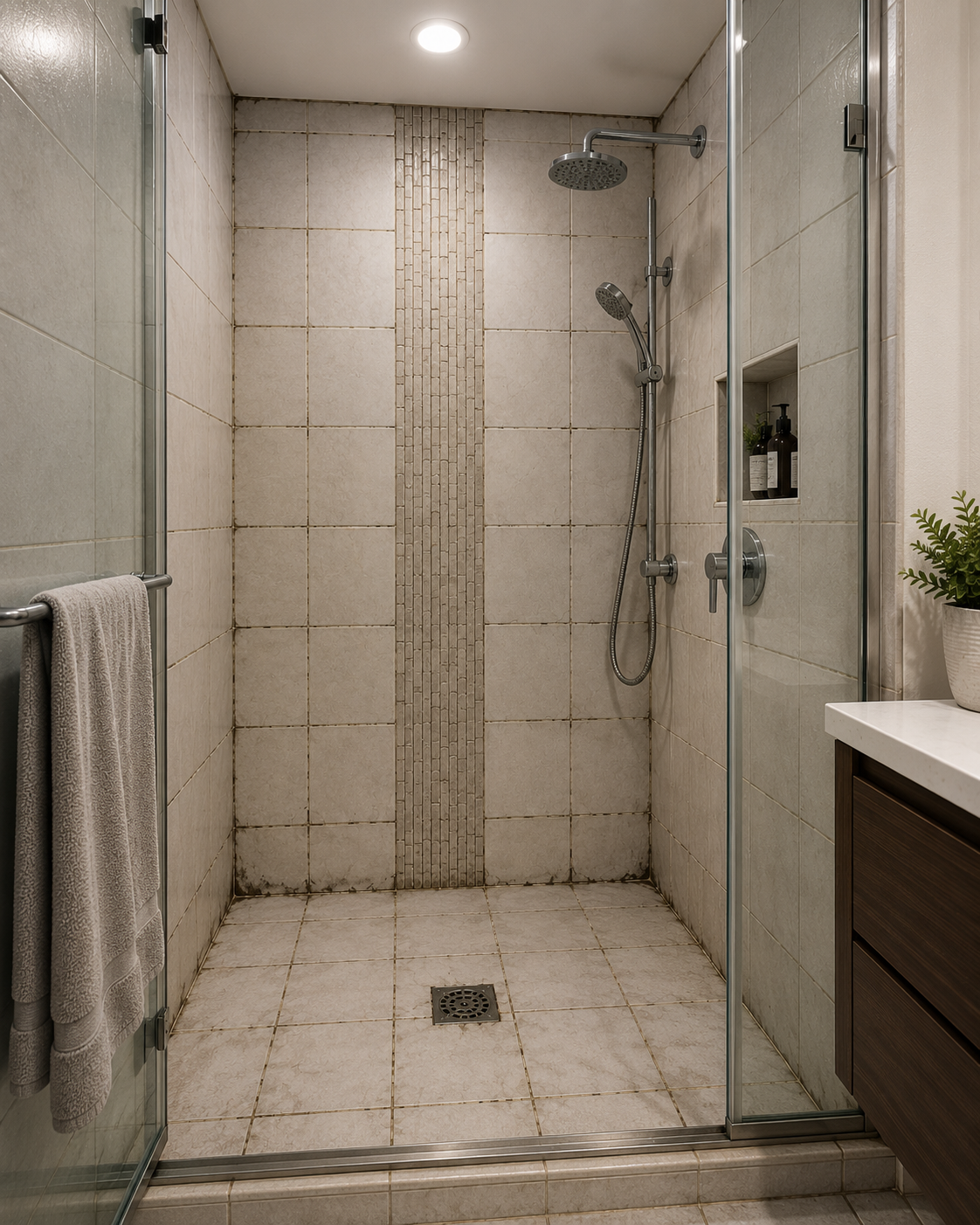 Warning signs of shower grout failure including mould, stains, and deteriorating grout lines
